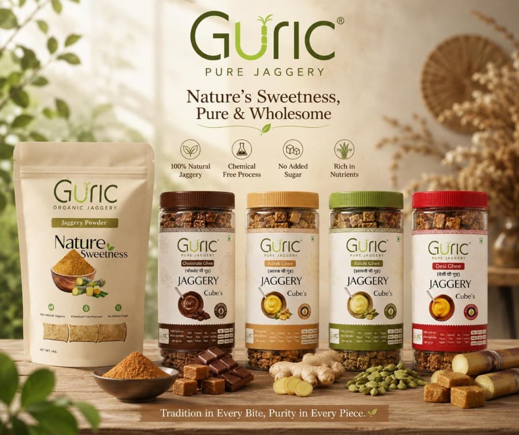 Guric jaggery range — powder, chocolate ghee, adrak ghee, ilaichi ghee, and desi ghee jaggery cubes
